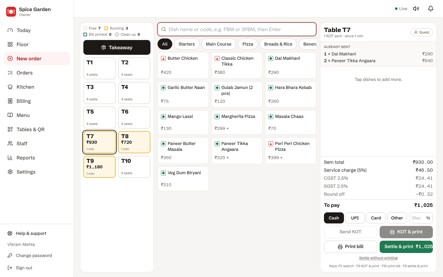 MunshiGi counter screen: tables, menu, order and bill